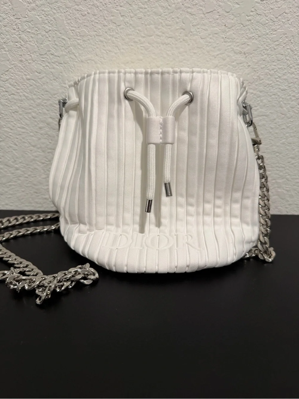 Dior Beauty White Pleated Drawstring Pouch Bag + Added Chain Strap